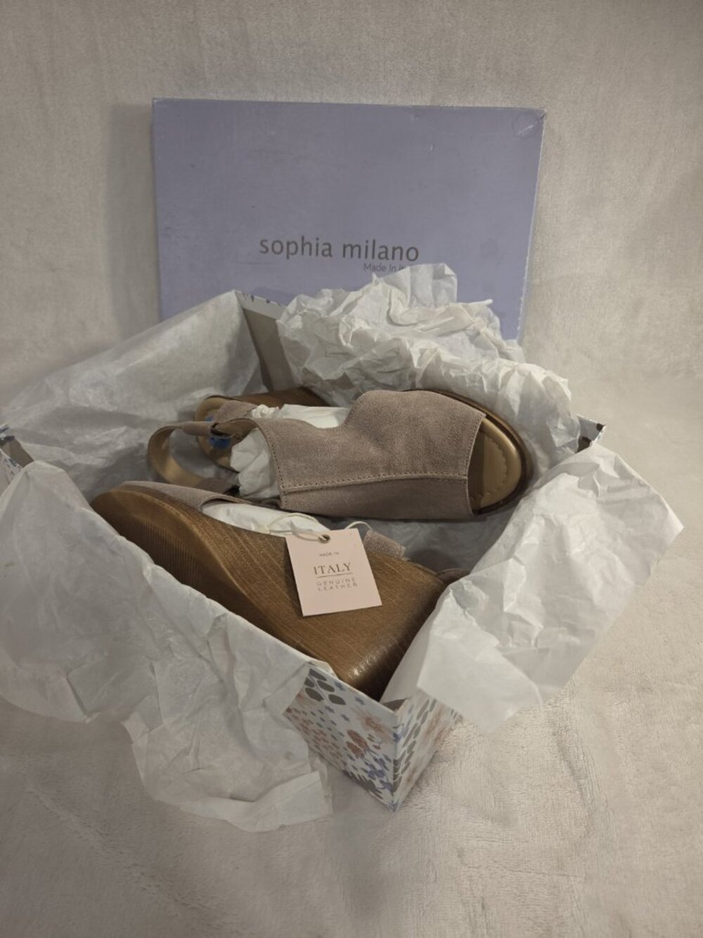 NWT Sophia Milano Women Tan Suede Wedge Sandals US Size 7.5 Made in Italy